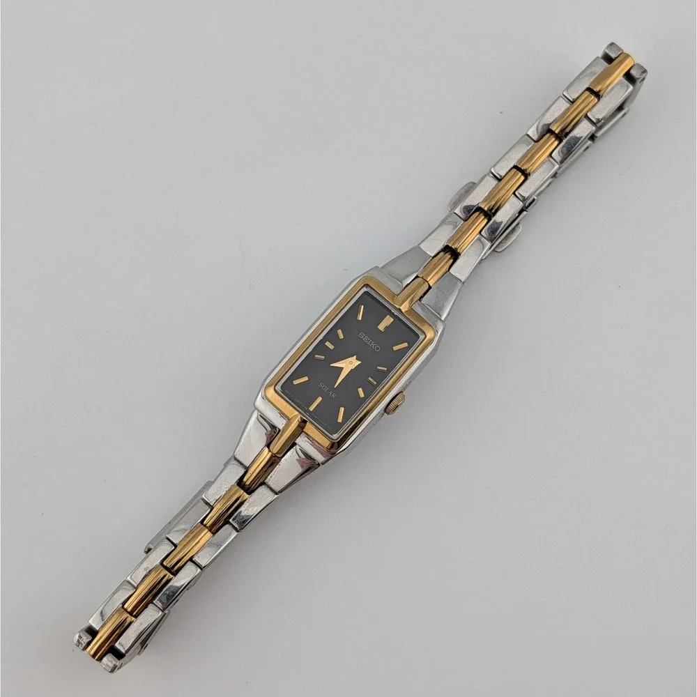 Seiko Solar Two Tone Black Sunburst Dial Rectangular Women's Watch V116-0AH0